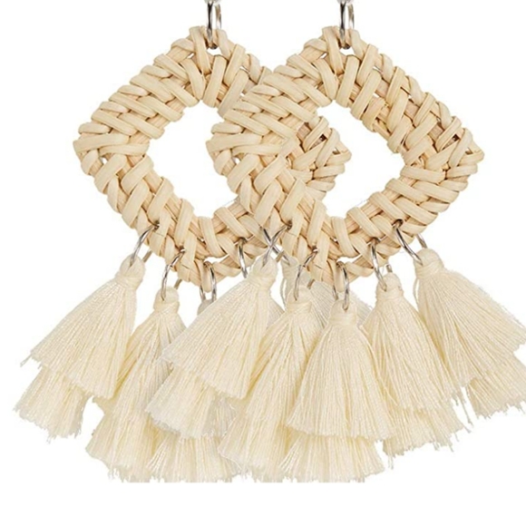 Jewelry - Boho Handmade Hollow Rhombus Rattan Woven Tassel Statement Dangle Earrings